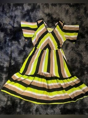 Ashley Stewart Lime, Black & Tan Striped Cold-Shoulder Dress